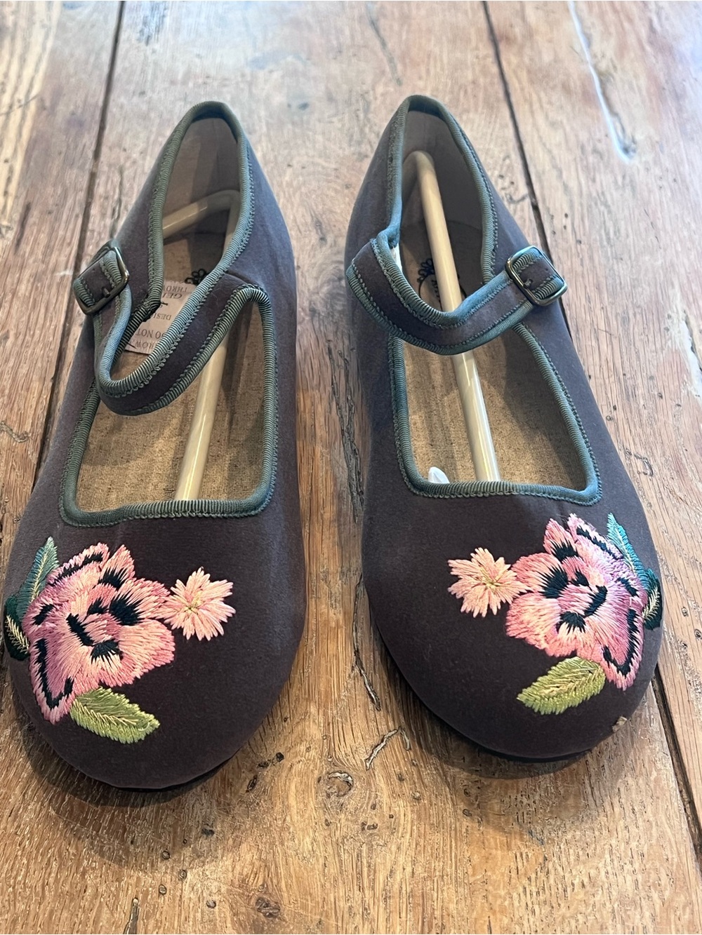 Joyfolie Brielle Mary Jane’s in Grey Flat with Embroidered floral Cottagecore